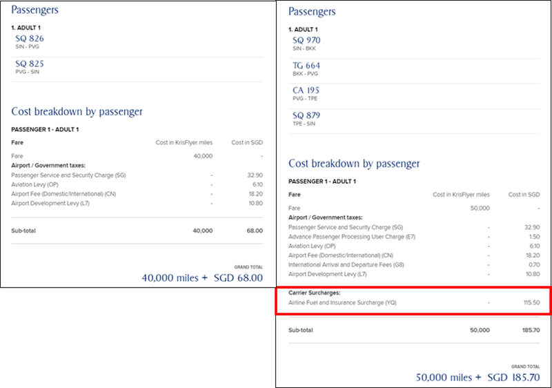 LHS: Singapore Airlines redemption - note the lack of fuel surcharges. RHS: Mixture of Singapore Airlines, Thai Airways and Air China redemption- with fuel surcharges.